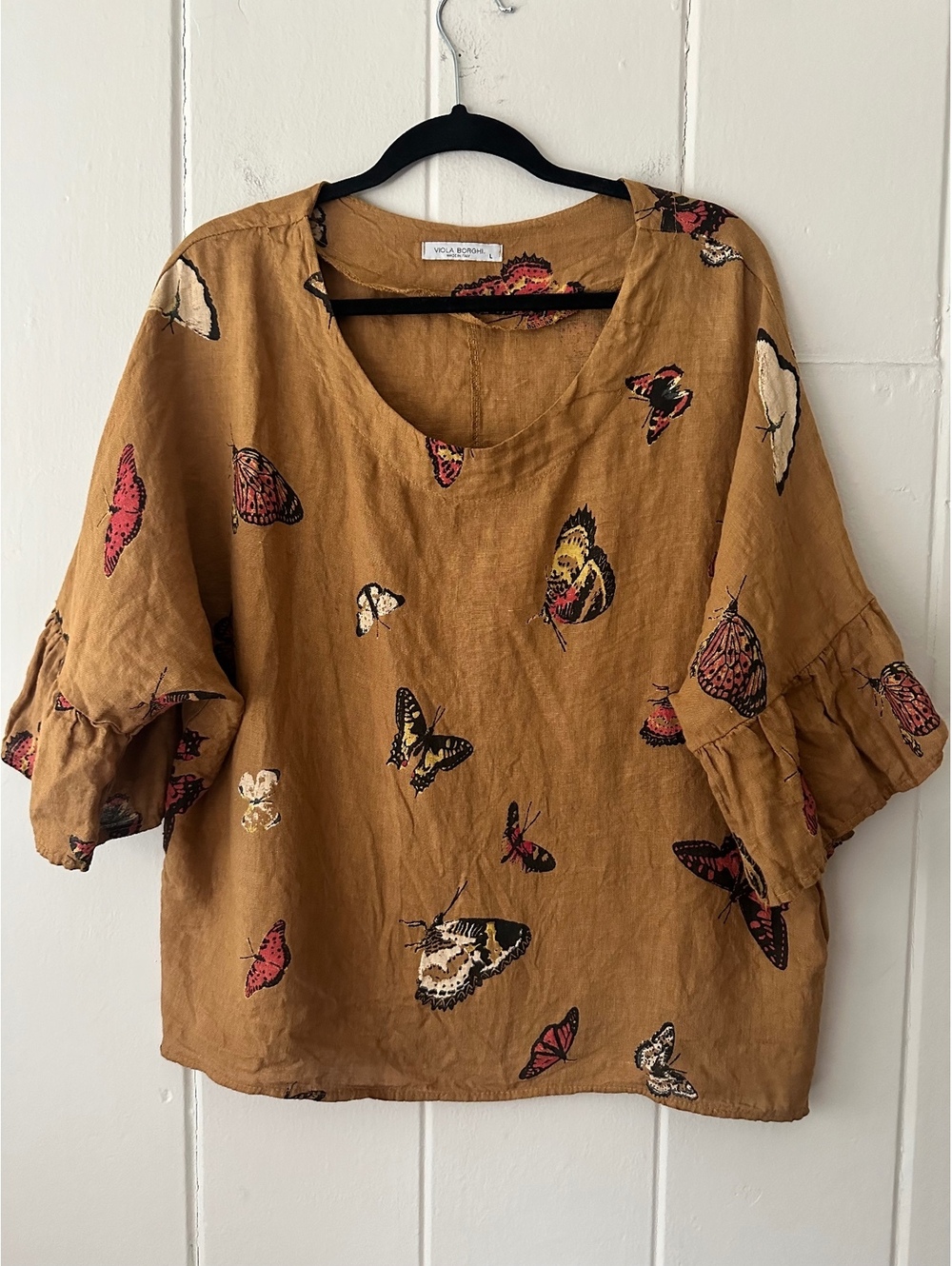 Viola Borghi Made In Italy 100% Linen Butterfly Print Boho Blouse Top Size Large